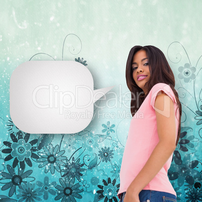 Composite image of pretty brunette stepping with speech bubble