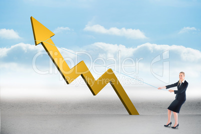 Composite image of businesswoman pulling a rope around arrow