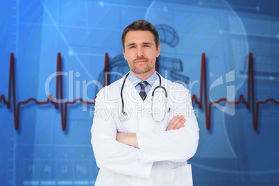 Composite image of handsome young doctor with arms crossed