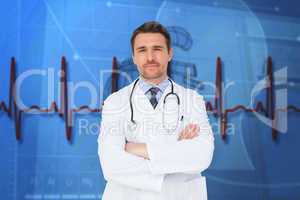 Composite image of handsome young doctor with arms crossed