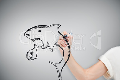 Composite image of businesswoman drawing loan shark