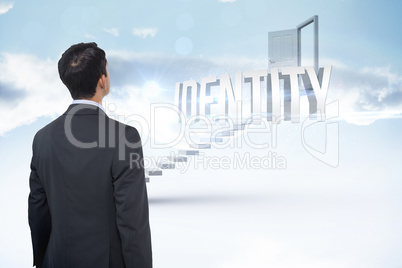 Identity against white steps leading to open door