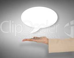 Composite image of female hand presenting speech bubble