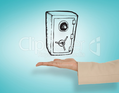 Composite image of female hand presenting locked safe