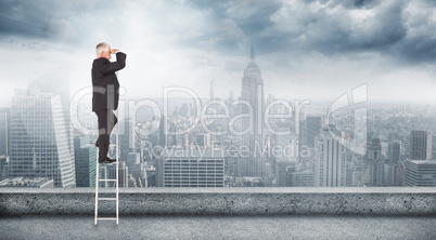 Composite image of mature businessman standing on ladder