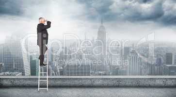 Composite image of mature businessman standing on ladder