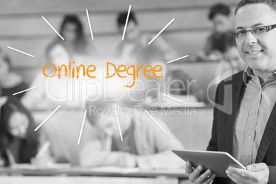 Online degree against lecturer standing in front of his class in