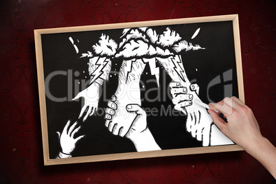 Composite image of hand drawing helping hands with chalk