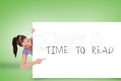 Pretty brunette showing card with time to read