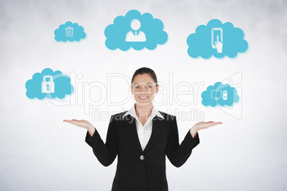 Composite image of charming woman in suit showing graphics