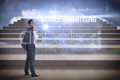 Mobile advertising against steps against blue sky