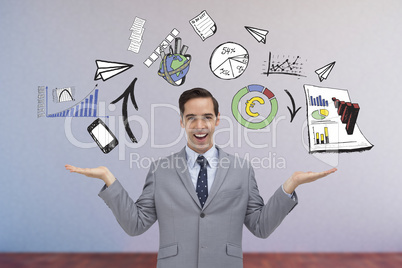 Composite image of smiling businessman presenting graphics with Composite image of smiling businessman presenting graphics with