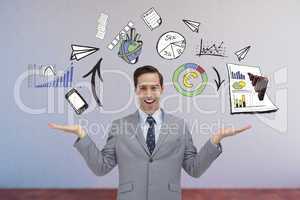 Composite image of smiling businessman presenting graphics with