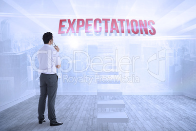 Expectations against city scene in a room