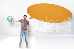 Composite image of handsome man with speech bubble holding out a