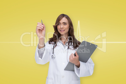 Composite image of smiling doctor pointing