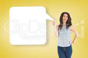 Composite image of happy beautiful brunette posing with speech b