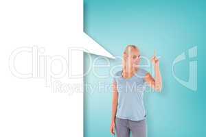 Composite image of charming woman pointing with speech bubble