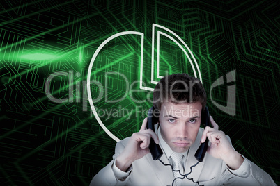 Composite image of pie chart with businessman tangled in wires