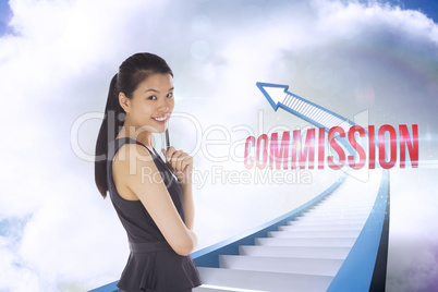 Commission against red staircase arrow pointing up against sky