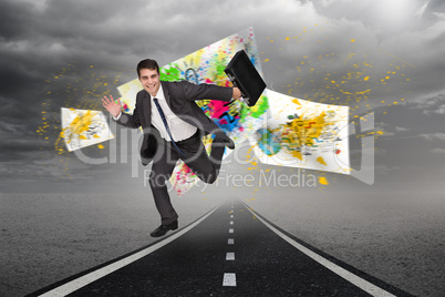 Composite image of smiling businessman in a hurry Composite image of smiling businessman in a hurry
