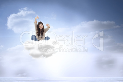 Composite image of woman looks straight ahead as she celebrates