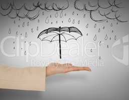 Composite image of female hand presenting umbrella