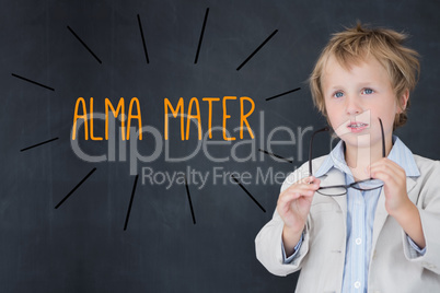 Alma mater against schoolboy and blackboard