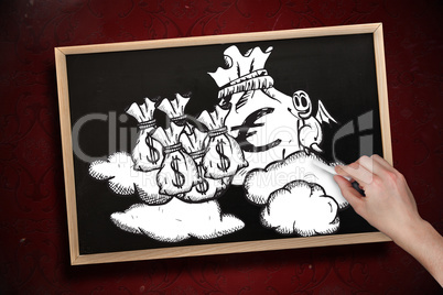 Composite image of hand drawing money bags with chalk