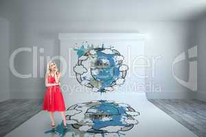 Composite image of thoughtful blonde wearing red dress