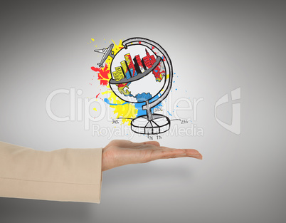 Composite image of female hand presenting global travel graphic