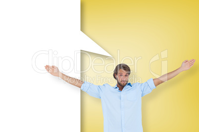 Composite image of handsome man raising hands with speech bubble