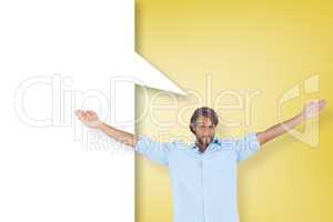 Composite image of handsome man raising hands with speech bubble