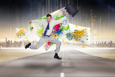 Composite image of cheerful jumping businessman with his suitcas