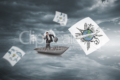 Composite image of happy businessman in a sailboat