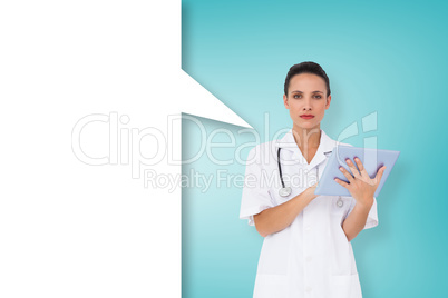 Composite image of pretty nurse using tablet pc with speech bubb