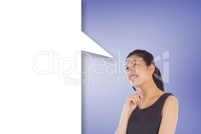 Composite image of thinking businesswoman with speech bubble