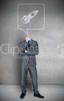 Headless businessman with rocket in speech bubble