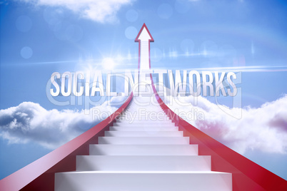 Social networks against red steps arrow pointing up against sky