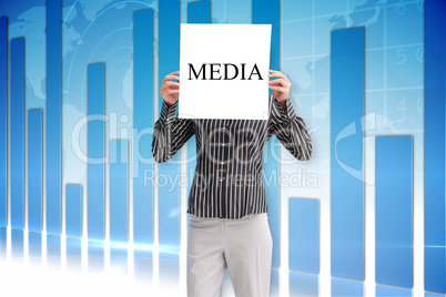 Businesswoman holding card saying media