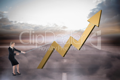 Composite image of businesswoman pulling a rope around arrow