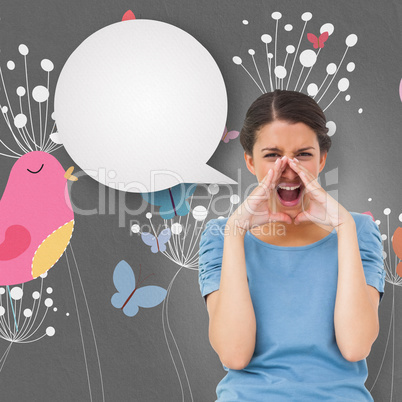 Composite image of pretty brunette shouting with speech bubble