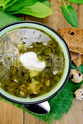 Soup green of sorrel and spinach on board