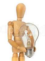 Wooden dummy that maintains a light bulb in hand