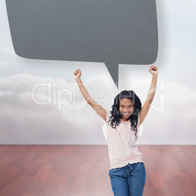 Composite image of a young happy woman with speech bubble