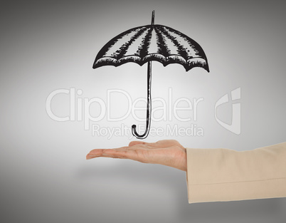 Composite image of female hand presenting umbrella