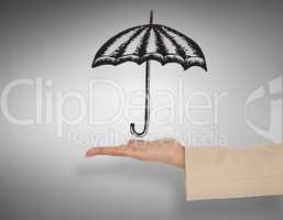 Composite image of female hand presenting umbrella