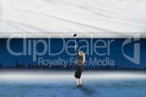 Composite image of businesswoman pulling a white screen