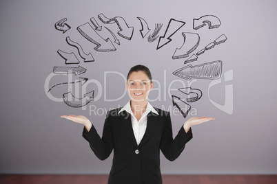 Composite image of charming woman in suit showing graphics