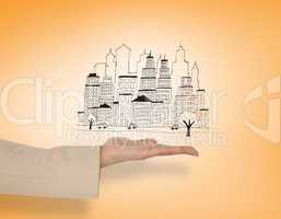 Composite image of female hand presenting urban graphic